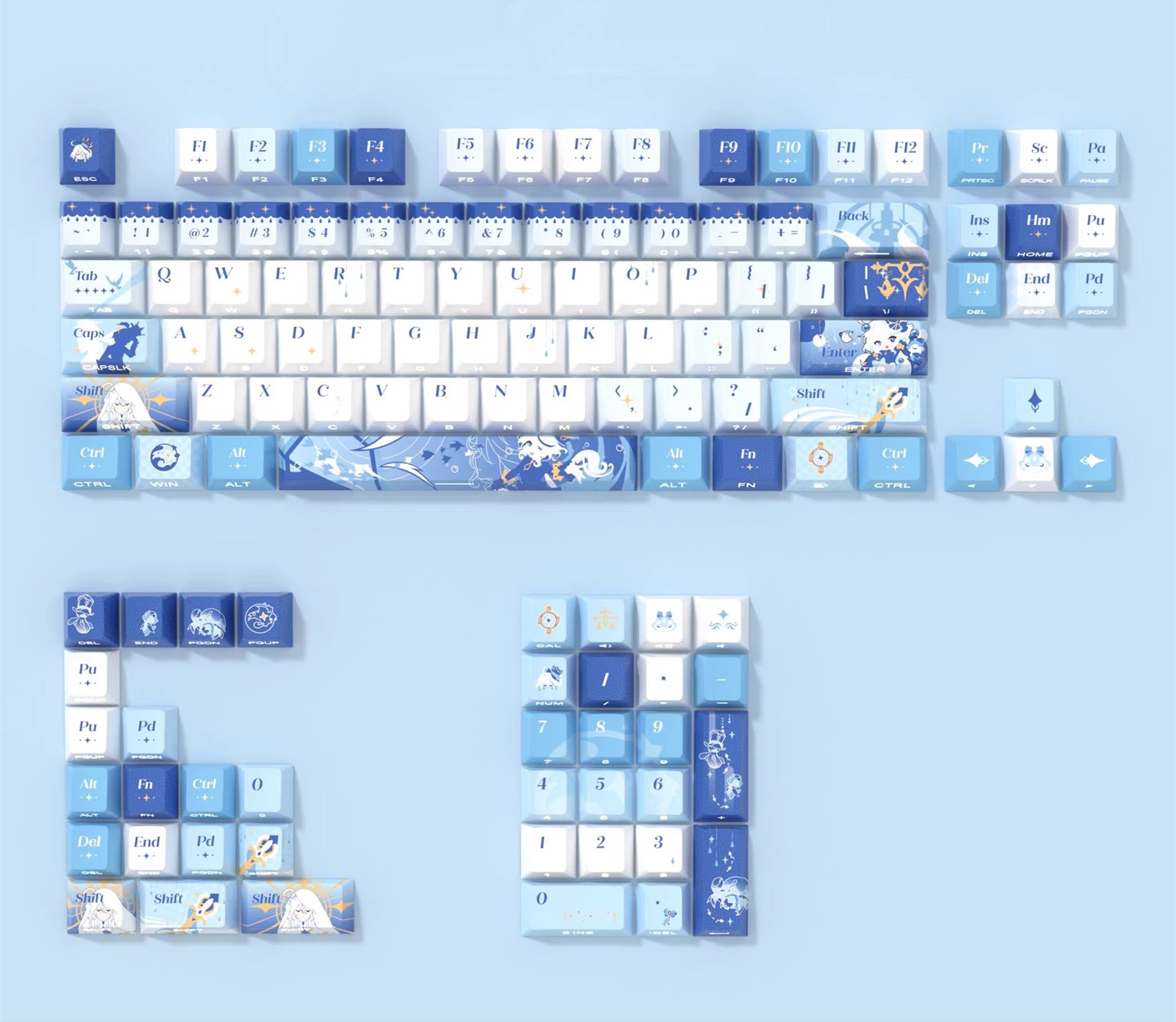 Genshin Impact series, Egeria, Water God Theme PBT material personalized keycap set, anime cultural creative decoration keycap set, compatible with 61/64/68/75/84/87/104 mechanical keyboard
