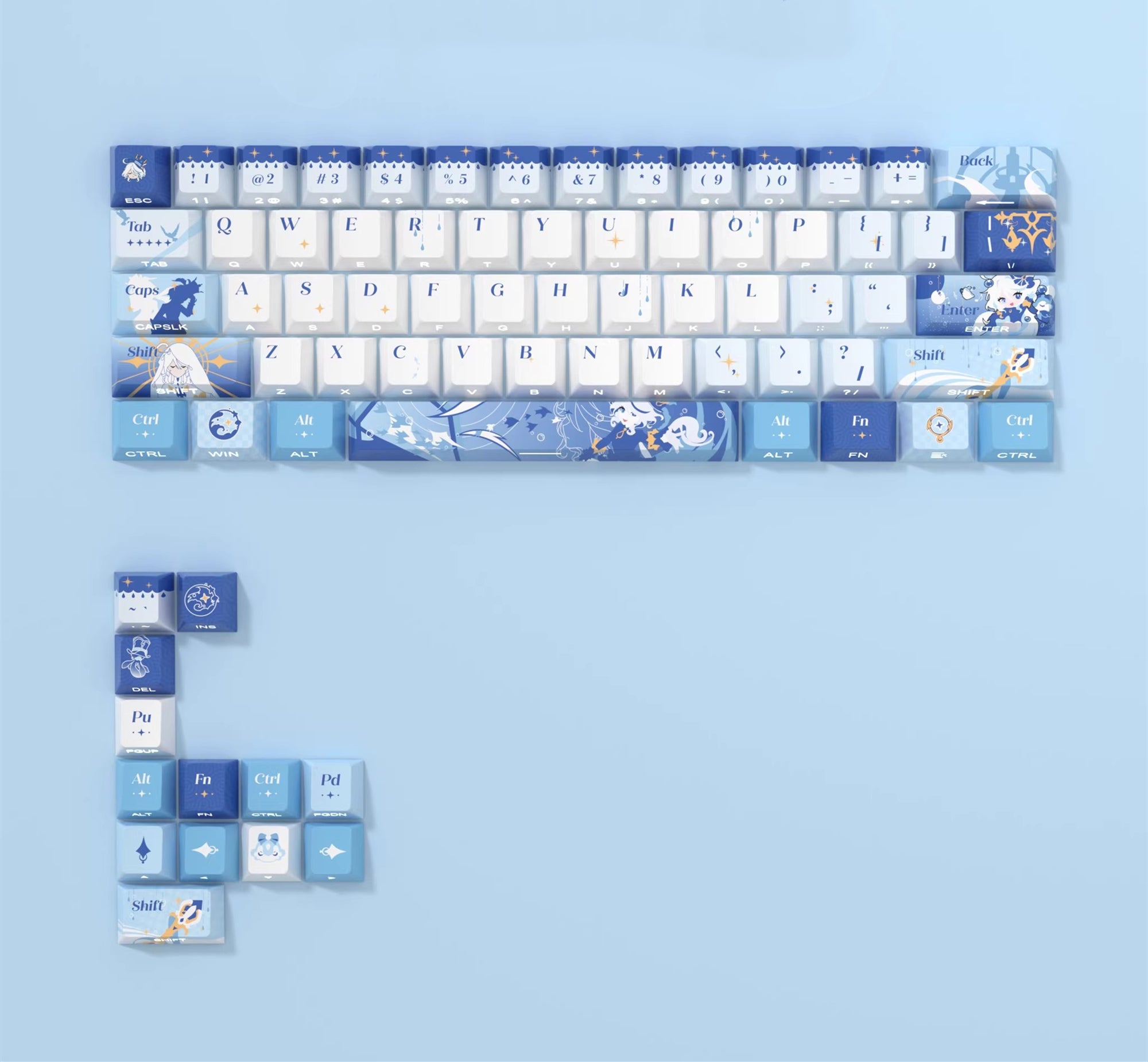 Genshin Impact series, Egeria, Water God Theme PBT material personalized keycap set, anime cultural creative decoration keycap set, compatible with 61/64/68/75/84/87/104 mechanical keyboard