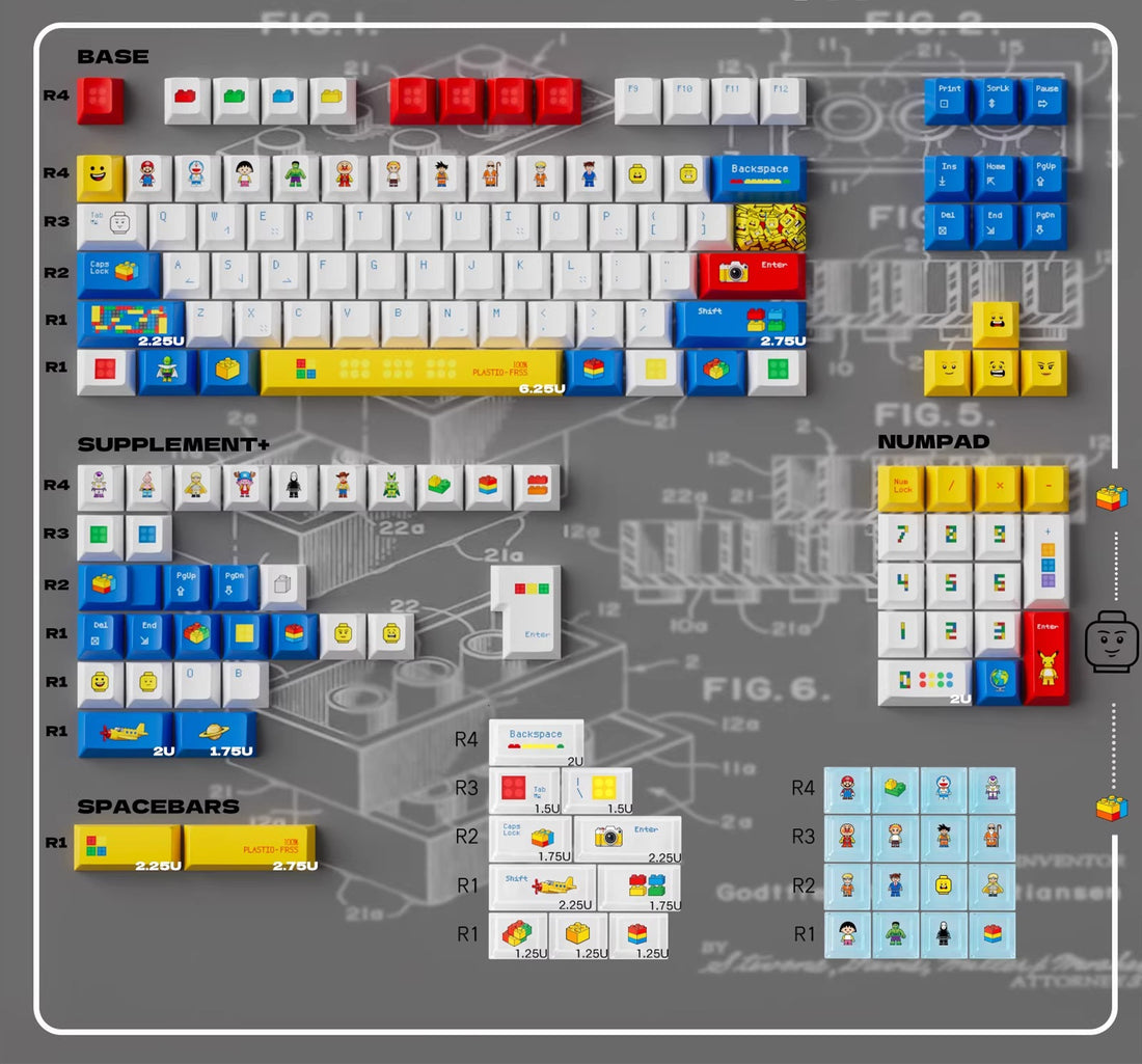 Lego themed design, cartoon cute personalized custom keycap complete set PBT+PC heat sublimation factory height, personalized themed keycap set