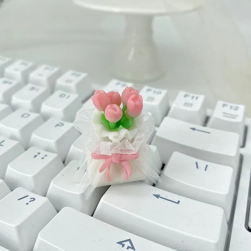 Handmade soft clay tulips, lace bouquets personalized keycaps, Valentine&