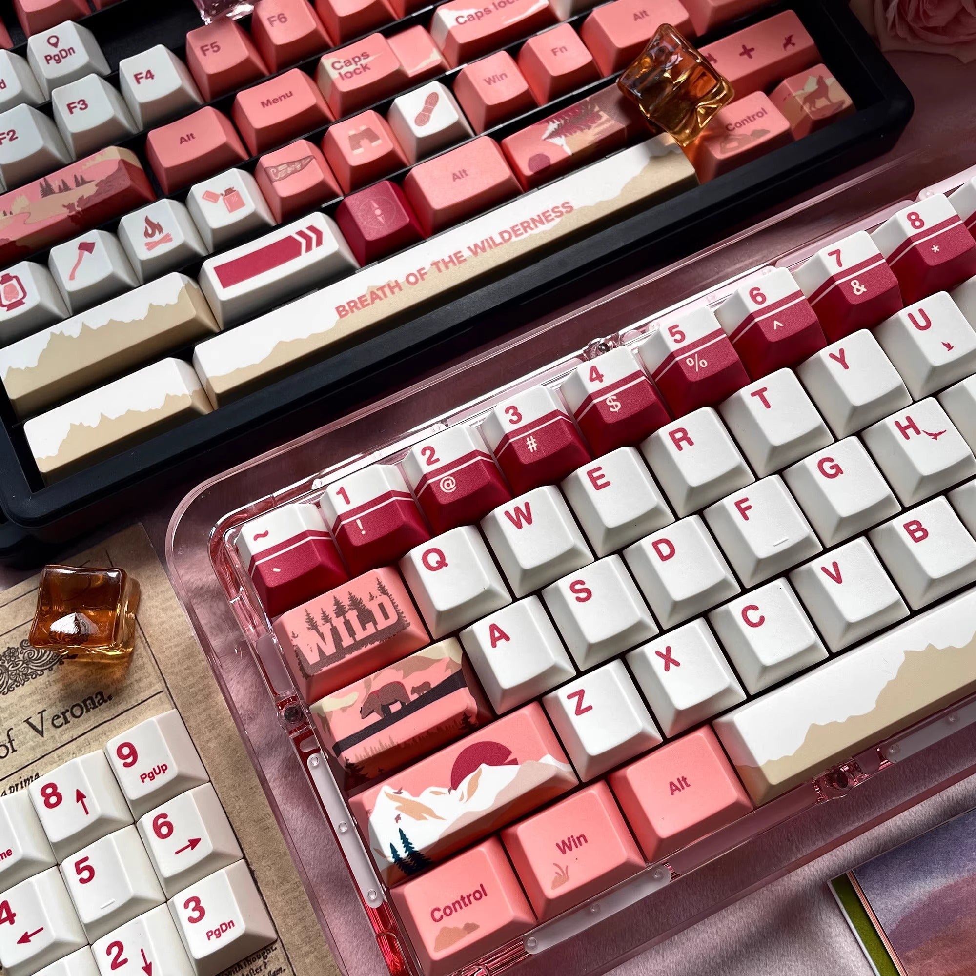 Personalized keycap set with Twilight Wilderness theme, featuring a red main tone and original high PBT material for personalized customization of mechanical keyboard keycaps