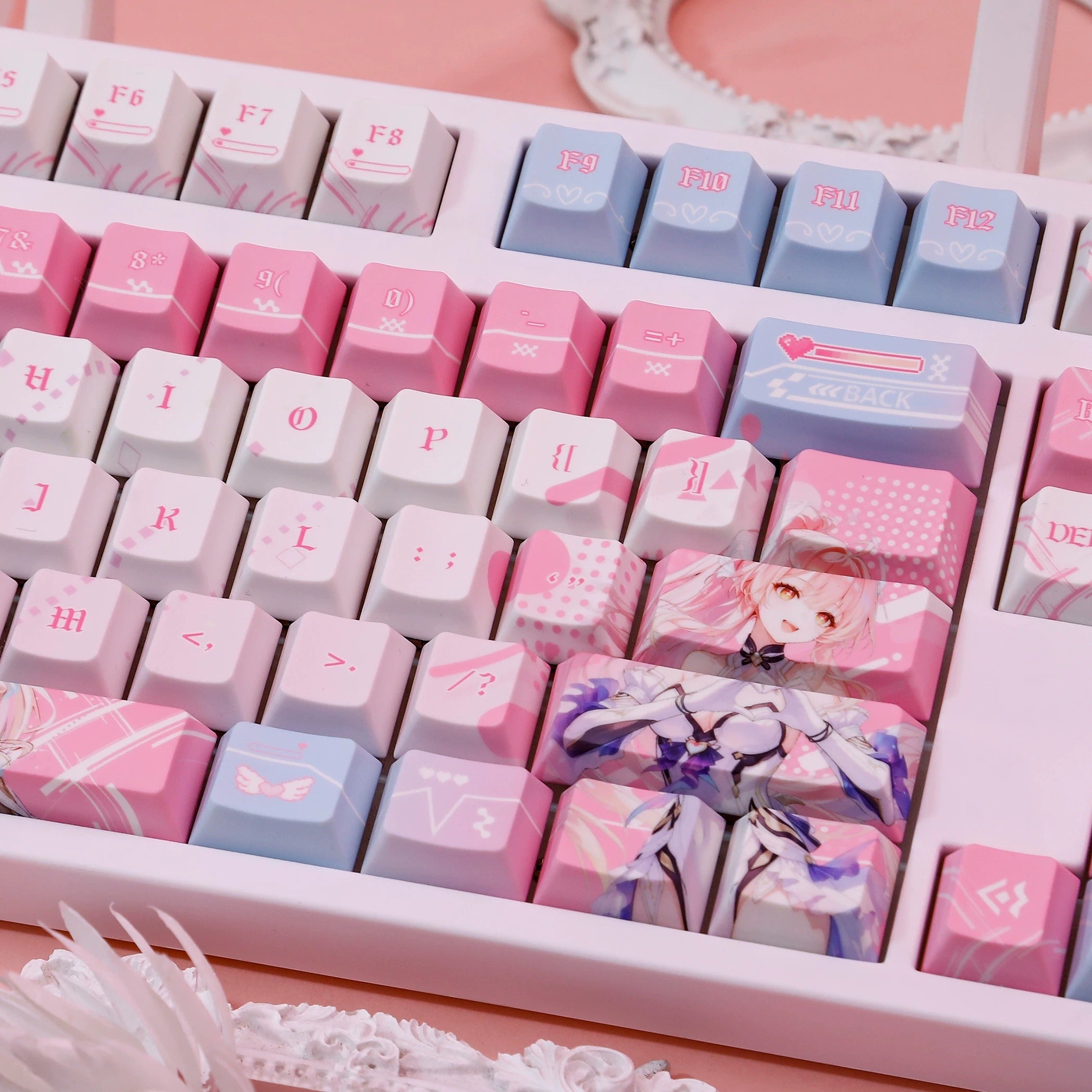 Wuthering Waves series, Aemeath theme, PBT material personalized keycap set, anime keycap culture peripheral mechanical keyboard decoration keycaps, Compatible with 61/64/68/75/84/87/104 key mechanical keyboard keycap set