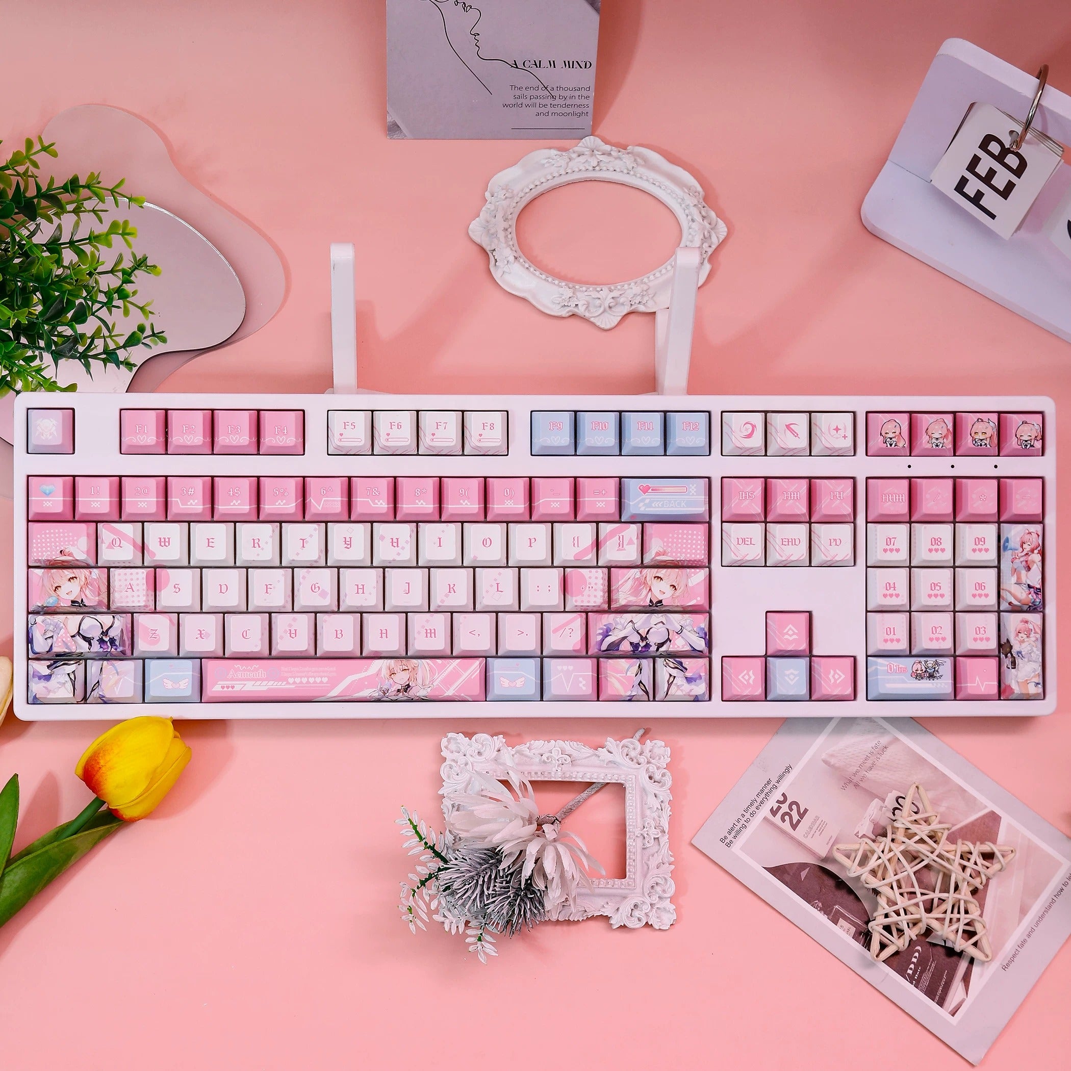 Wuthering Waves series, Aemeath theme, PBT material personalized keycap set, anime keycap culture peripheral mechanical keyboard decoration keycaps, Compatible with 61/64/68/75/84/87/104 key mechanical keyboard keycap set
