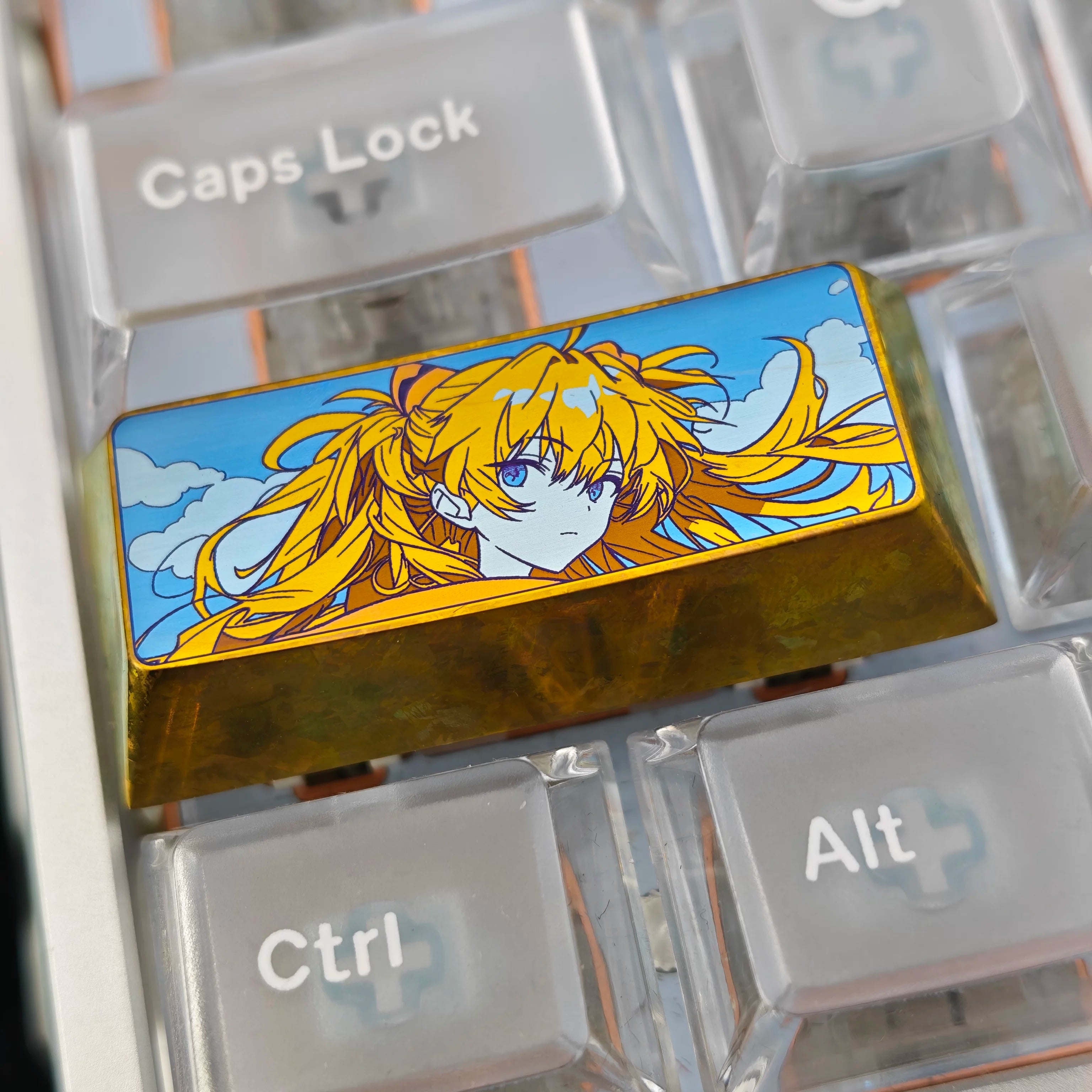 EVA, Asuka, Yellow Hair Version 2.25 U Titanium alloy personalized keycaps, anime and game cultural creative keycaps, mechanical keyboard decorative keycaps