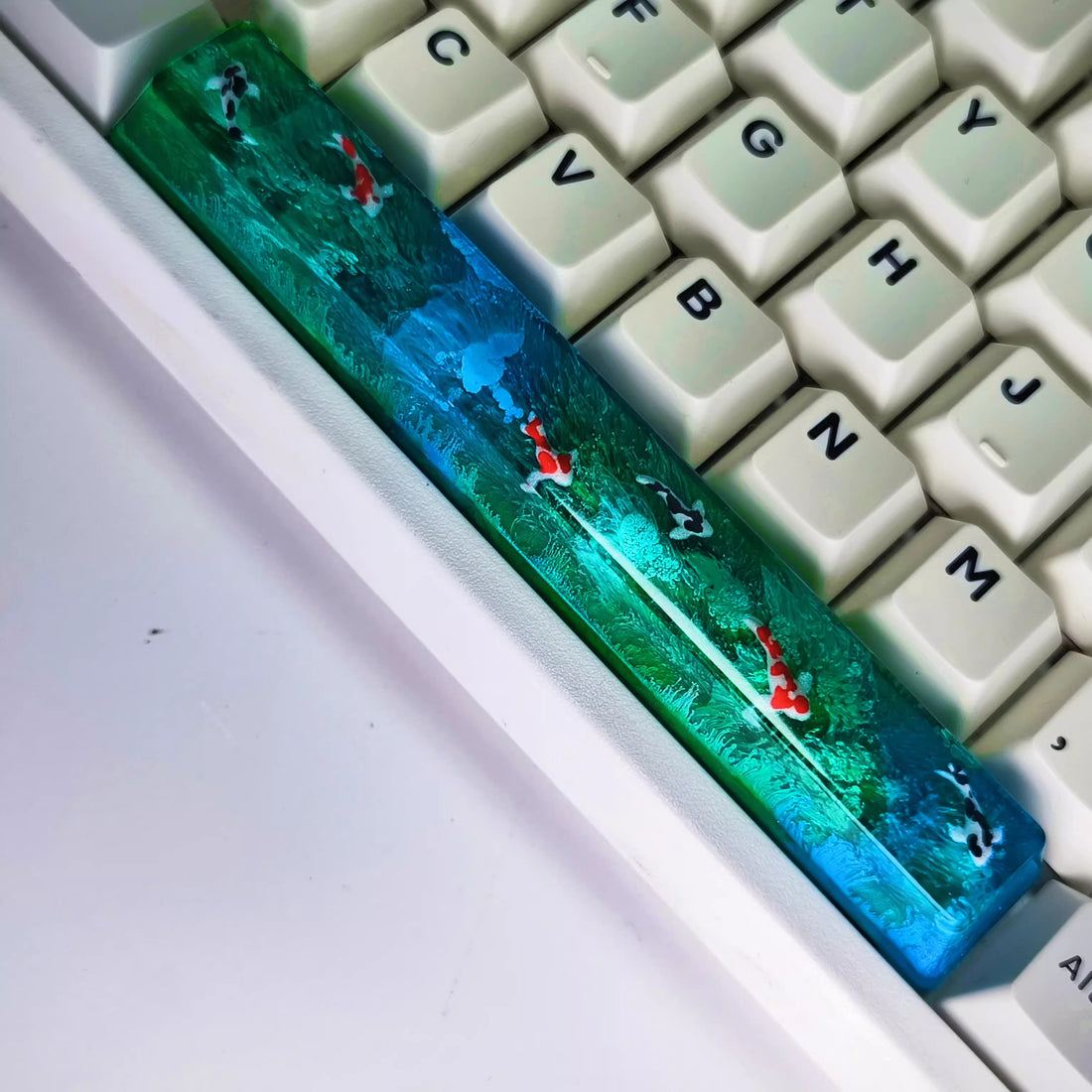 Zen inspired Koi Wishing Pool, 6.25U Spacebar Personalized Keycap, Poetic Ink Painting Style Crystal Resin Art Decorative Keycap