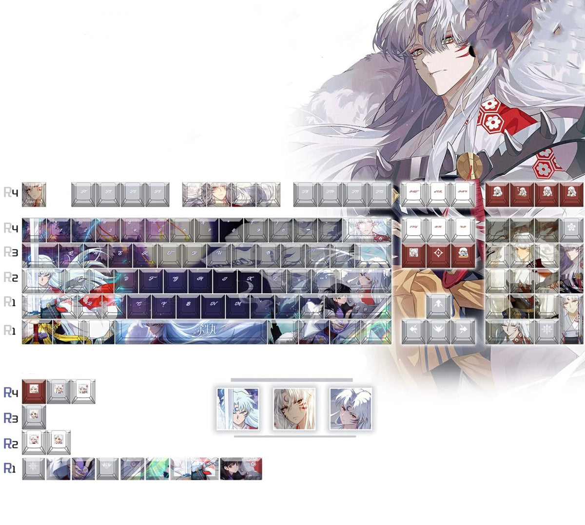 Inuyasha, Sesshoumaru PBT material personalized keycap set, anime keycap culture peripheral mechanical keyboard decoration keycaps, Compatible with 61/64/68/75/84/87/104 key mechanical keyboard keycap set