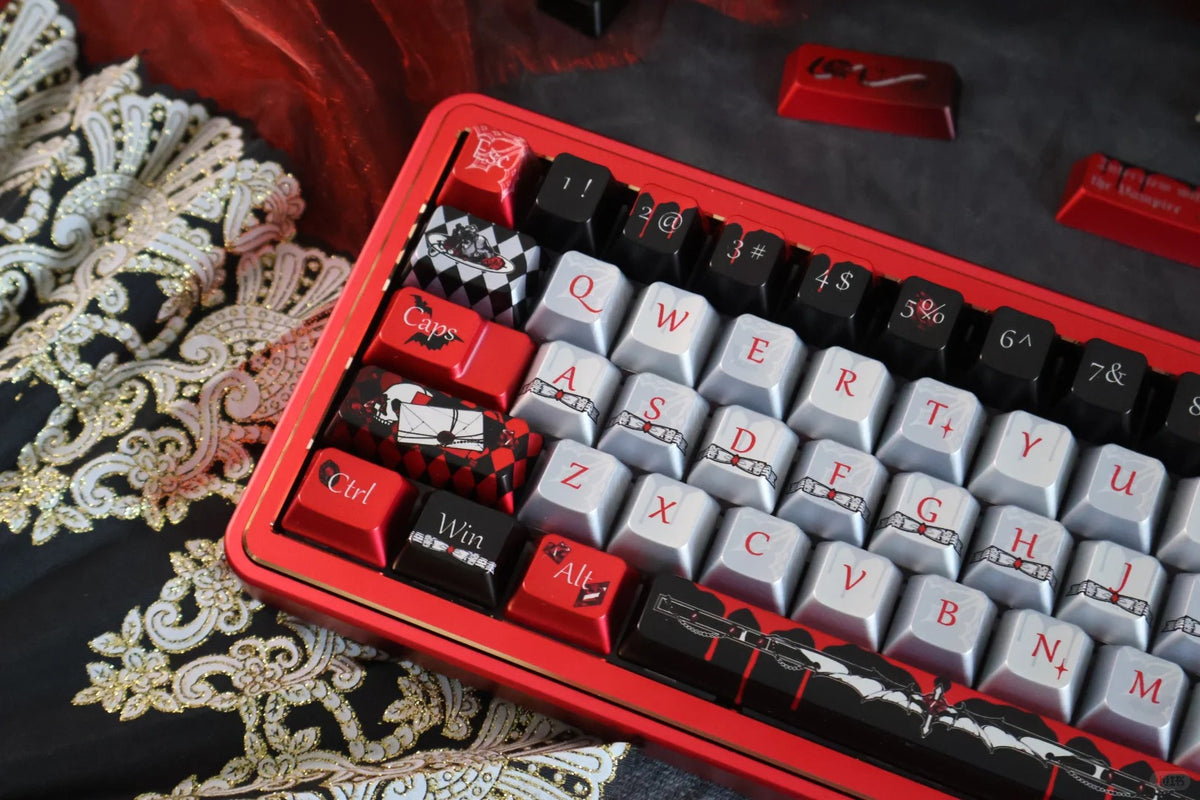 Vampire Earl theme,Dracula, Metallic paint texture PBT material, horror monster movie legend original factory height mechanical keyboard decorative keycap set,anime keycap set suitable for 61/64/68/75/84/87/104 Key Mechanical Keyboard