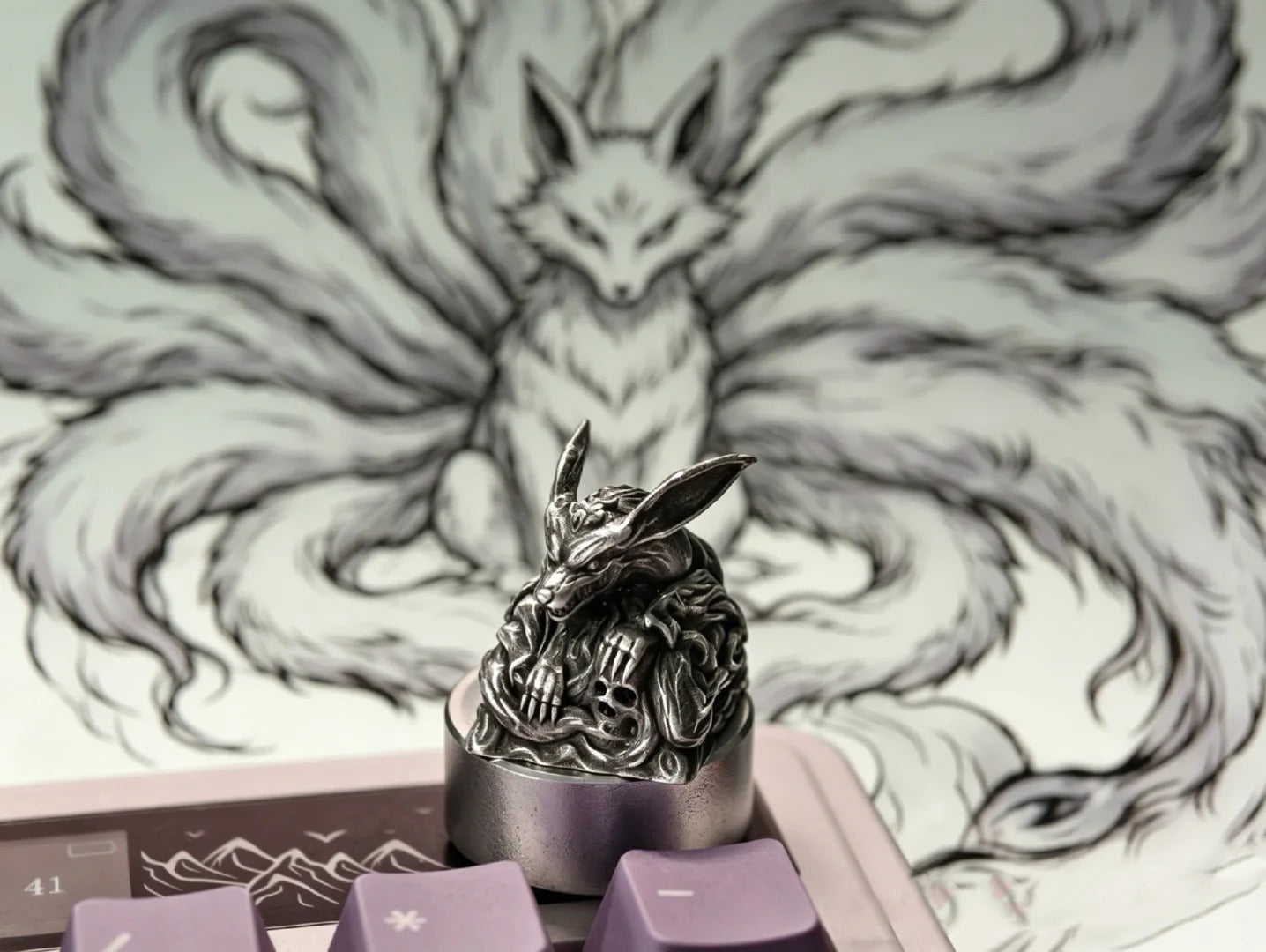 Nine Tailed Fox, made of 925 sterling silver, metal personalized keycaps, designed with mythical ancient mythical animal images, mechanical keyboard decoration keycaps