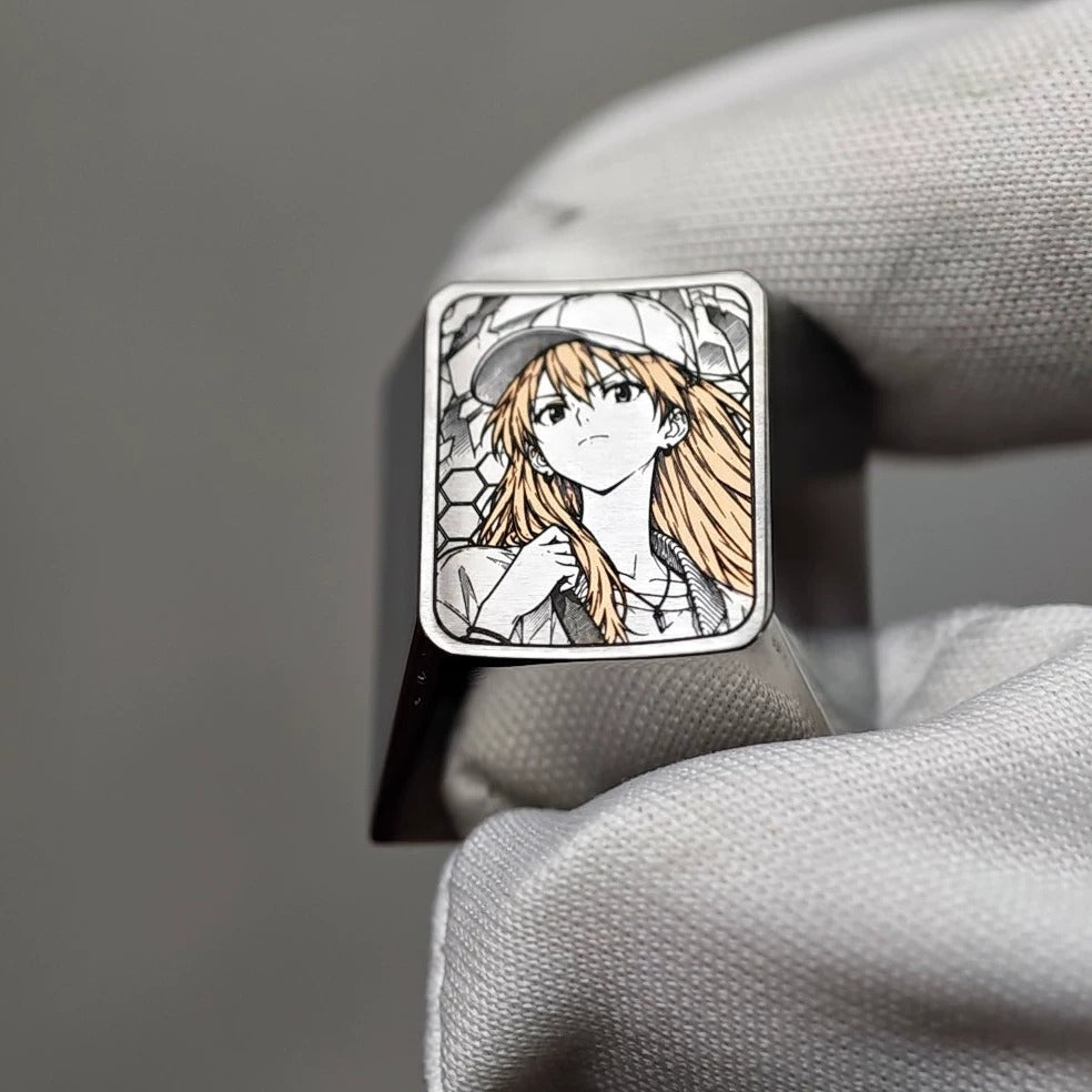 EVA, Asuka wearing a hat 1 U titanium alloy personalized keycaps, anime and game cultural creative keycaps, mechanical keyboard decorative keycaps