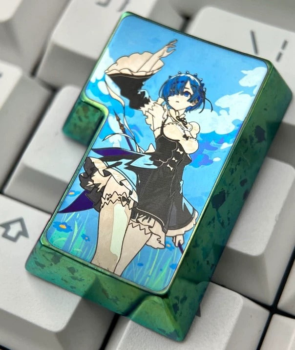 Re: Life in a different world from zero, Rem themed 7ISO Enter key titanium alloy personalized keycaps, mechanical keyboard decorative keycaps, anime and game cultural creative keycaps