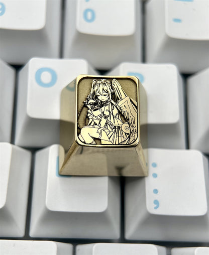Hatsune Miku 1U deep carved brass keycaps, anime music idol metal decorative keycaps, anime personalized keycaps