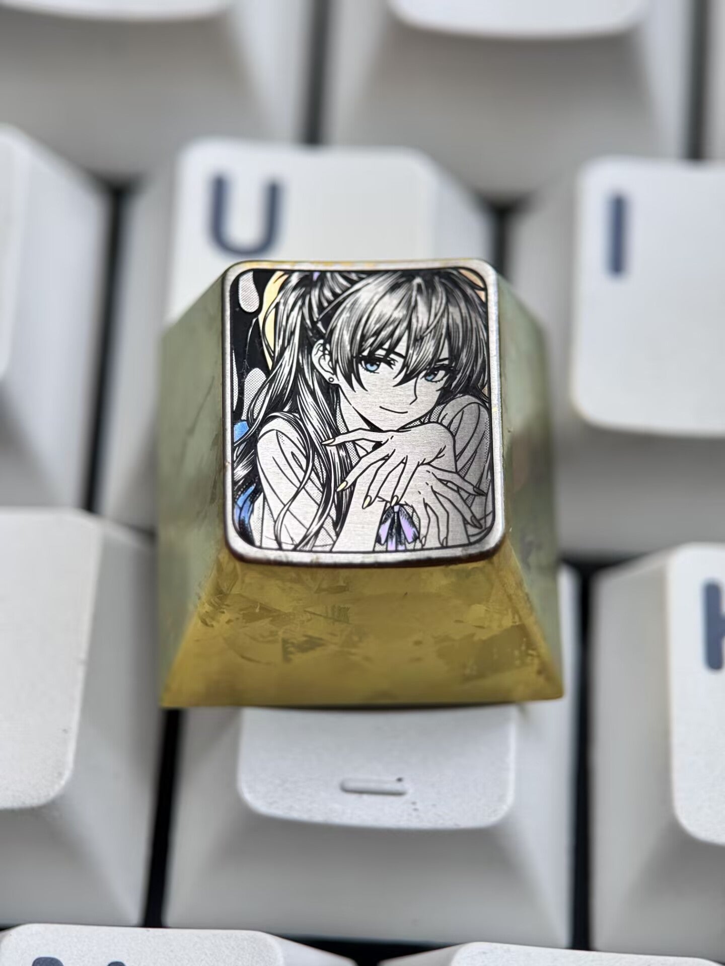 EVA, Asuka Theme Design, Precision Carving 1 U titanium alloy metal personalized keycaps, anime oil painting cultural creative keycaps, mechanical keyboard artistic decorative keycaps
