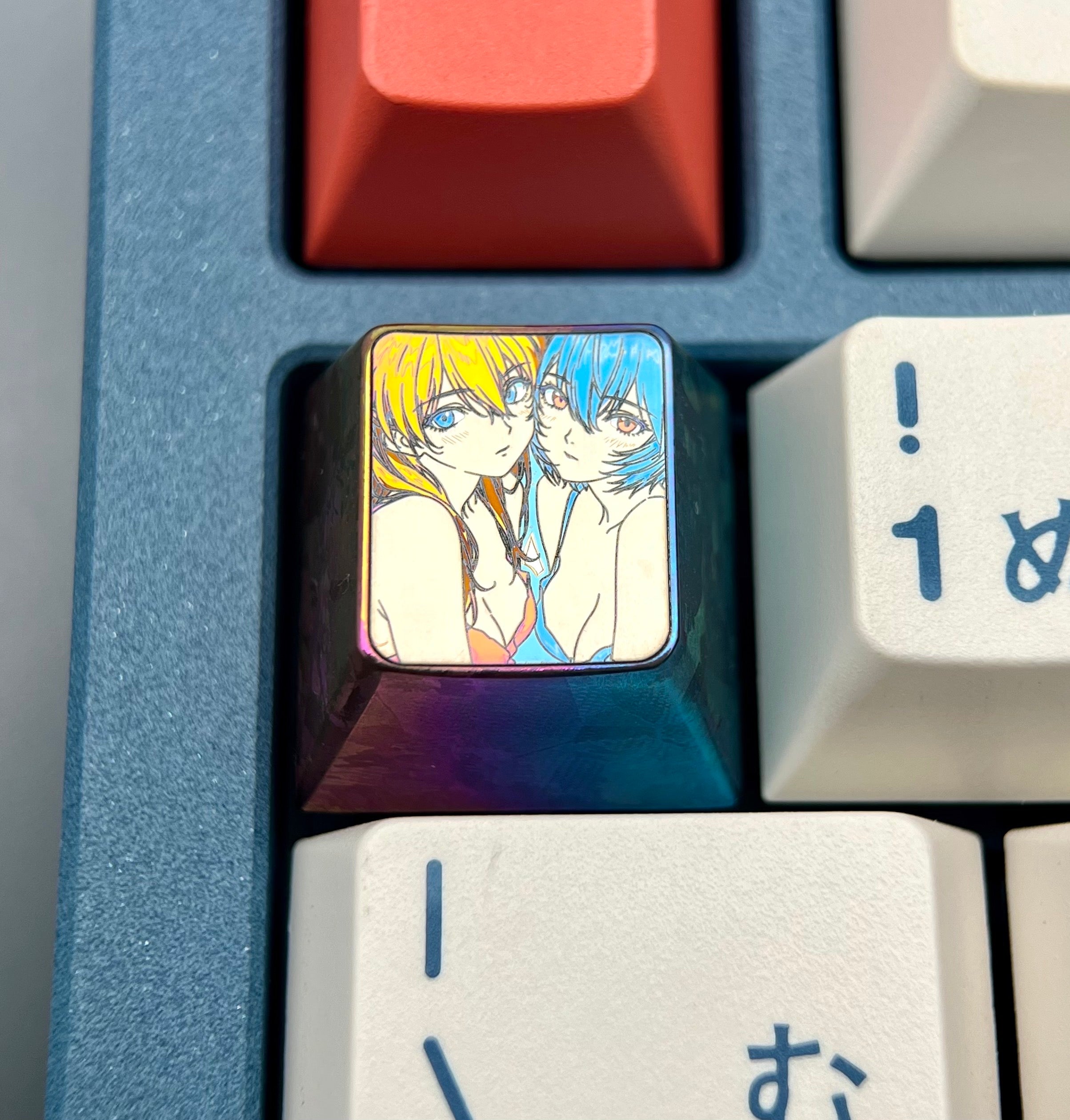 EVA，Asuka /Ayanami Rei，1 U titanium alloy metal personalized keycaps, anime oil painting cultural creative keycaps, mechanical keyboard artistic decorative keycaps