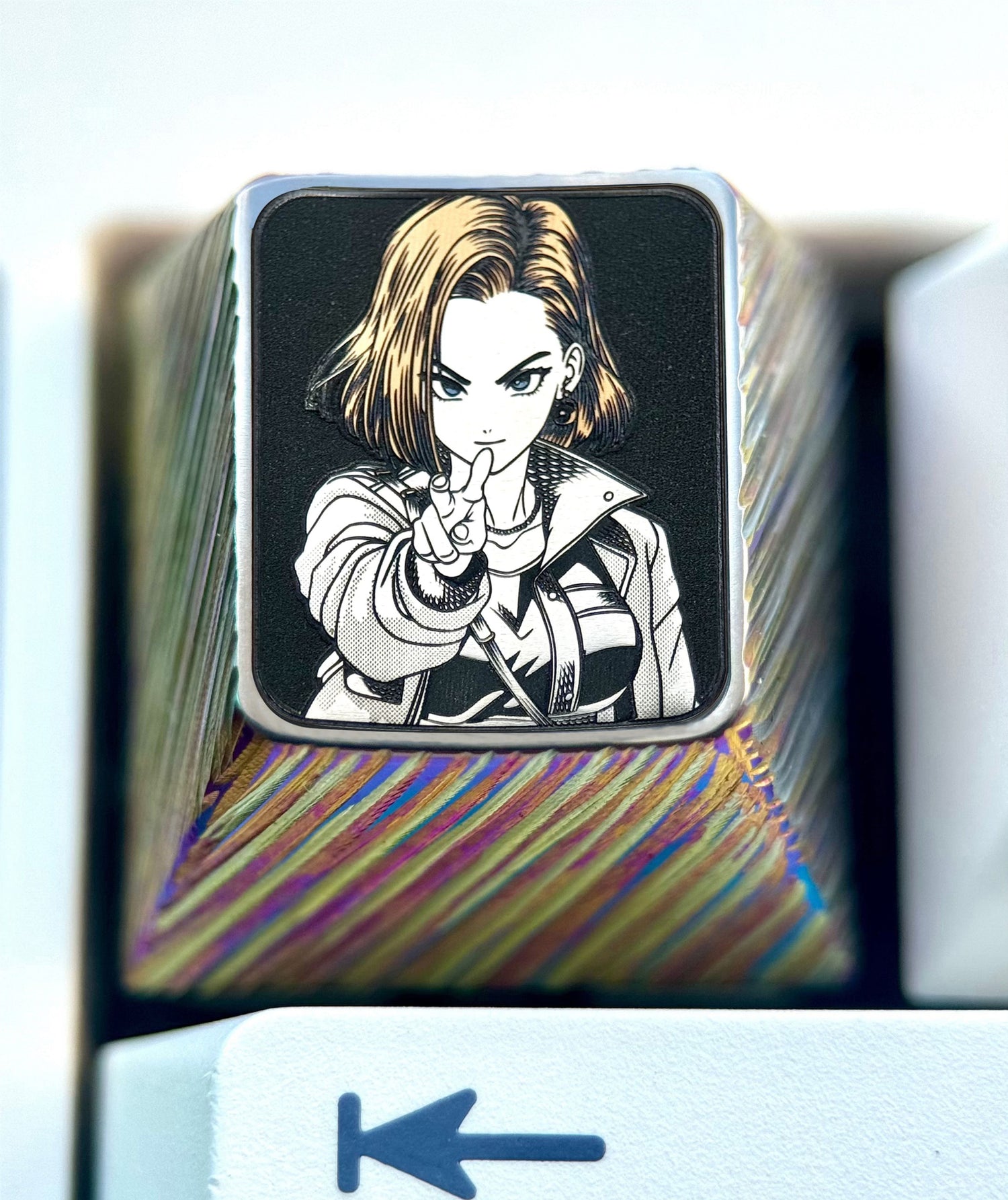 Dragon Ball, Android 18， Titanium alloy 1U personalized keycaps, anime, gaming, cultural and creative metal carved keycaps