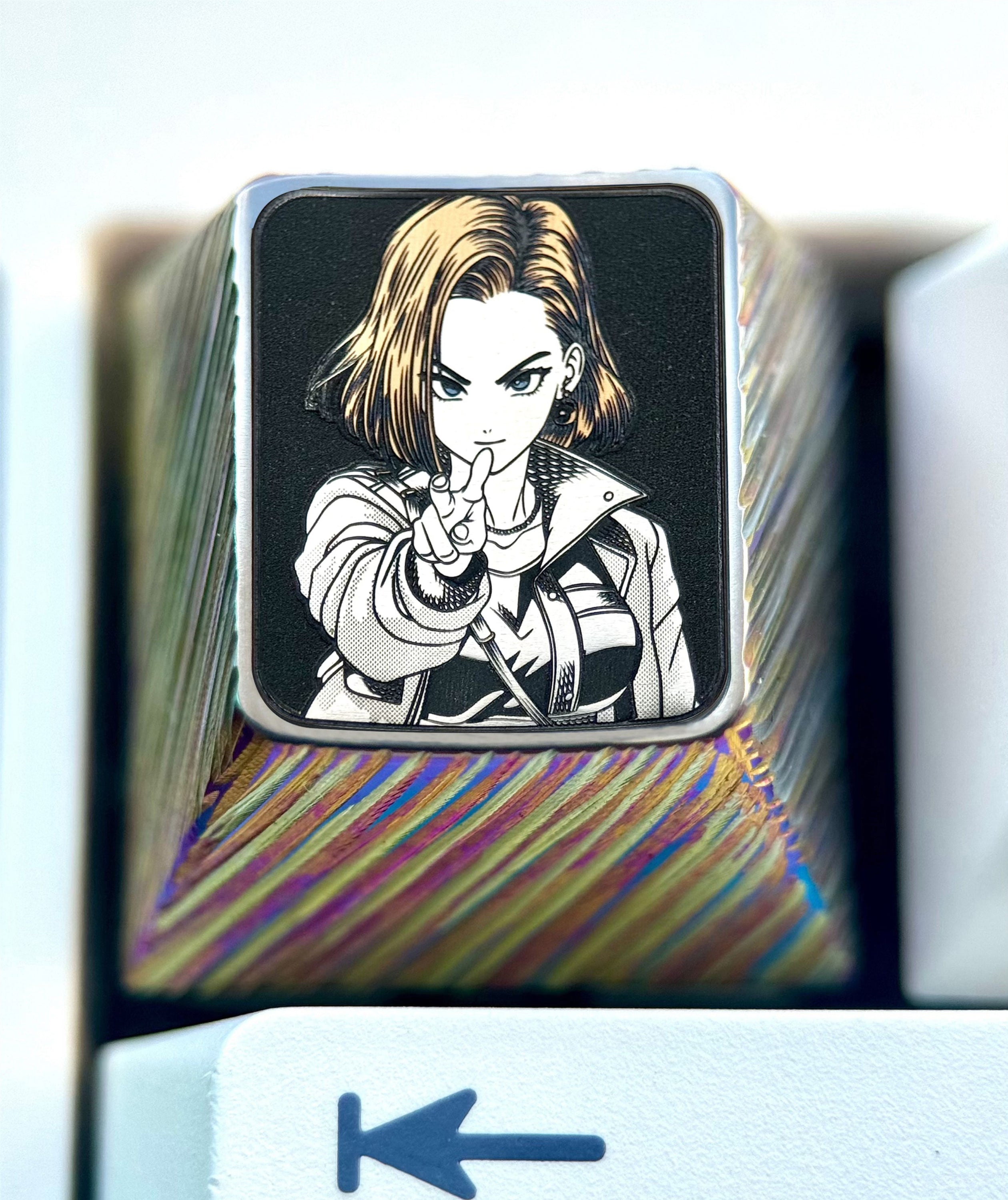 Dragon Ball, Android 18， Titanium alloy 1U personalized keycaps, anime, gaming, cultural and creative metal carved keycaps