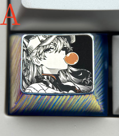 EVA，Asuka， Blowing bubble gum shape, 1.5U titanium alloy personalized keycap, anime and game culture creative peripheral decorative keycap.