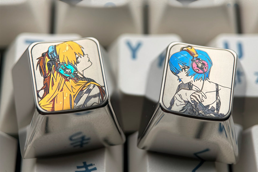 EVA， Asuka wearing headphones, Ayanami Rei, 1U titanium alloy personalized keycaps, metal decorative art keycaps, anime keycaps