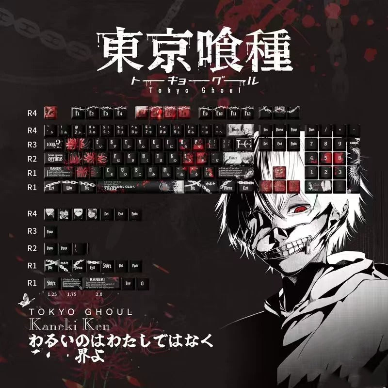 Tokyo Ghoul， PBT material personalized keycap set, anime and games cultural creative decoration keycap set, compatible with 61/64/68/75/84/87/104 mechanical keyboard