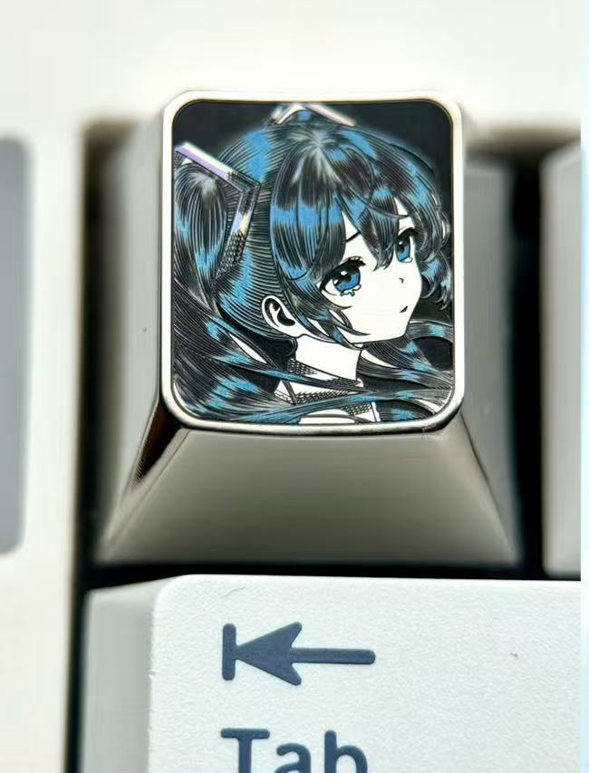 Hatsune Miku, crying expression 1U titanium alloy ultra precision stippling, animation game music characters surrounding metal engraving personalized keycaps