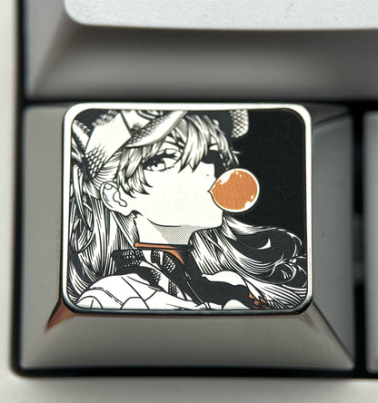 EVA，Asuka， Blowing bubble gum shape, 1.5U titanium alloy personalized keycap, anime and game culture creative peripheral decorative keycap.