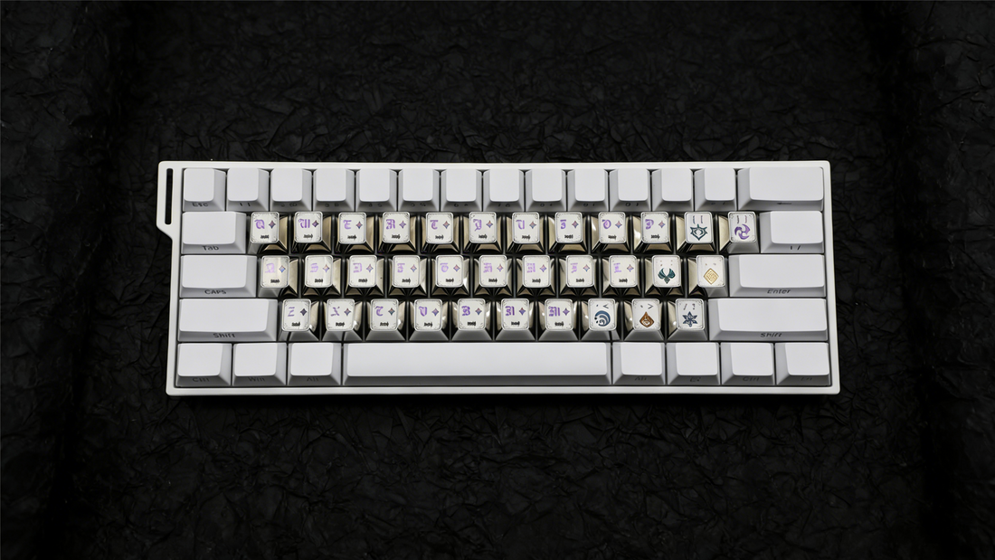 Genshin Impact theme design, 26 letter+7 symbol keys, titanium alloy personalized keycaps, game design custom metal carved decorative keycaps
