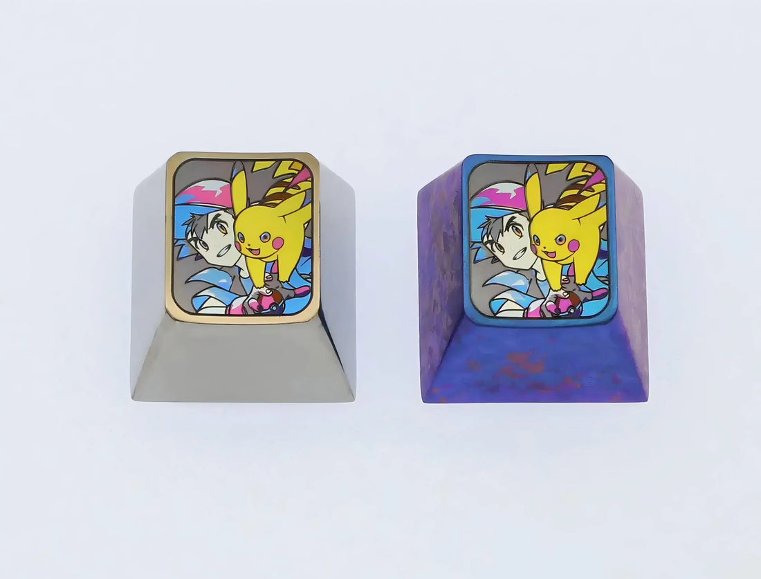 Pokémon， Ash Ketchum，Pikachu， Colored titanium alloy carving, mechanical keyboard decorative keycaps.