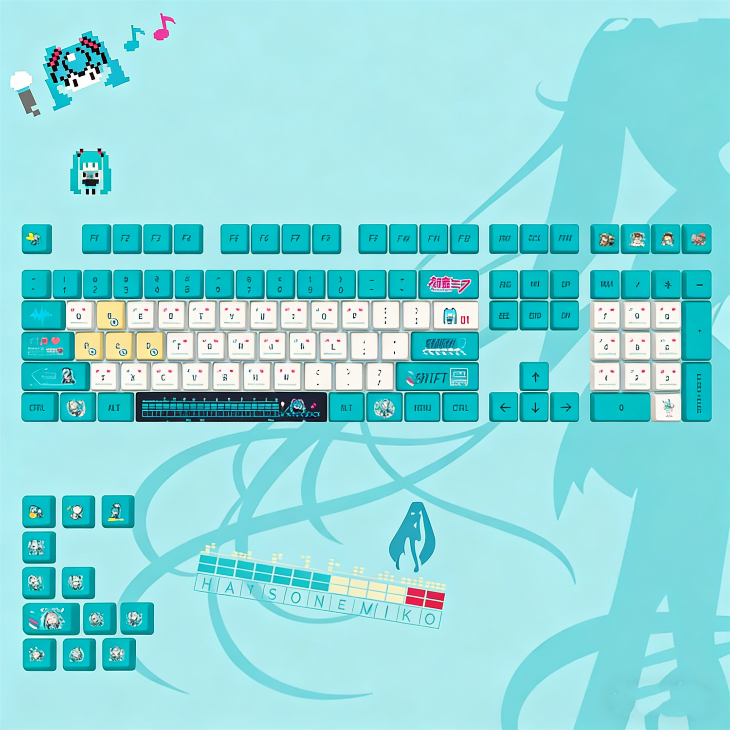 Hatsune Miku Theme PBT Material Hot Sublimation Process Personalized Keycap Set, Animation Music Theme Decoration Keycap Set