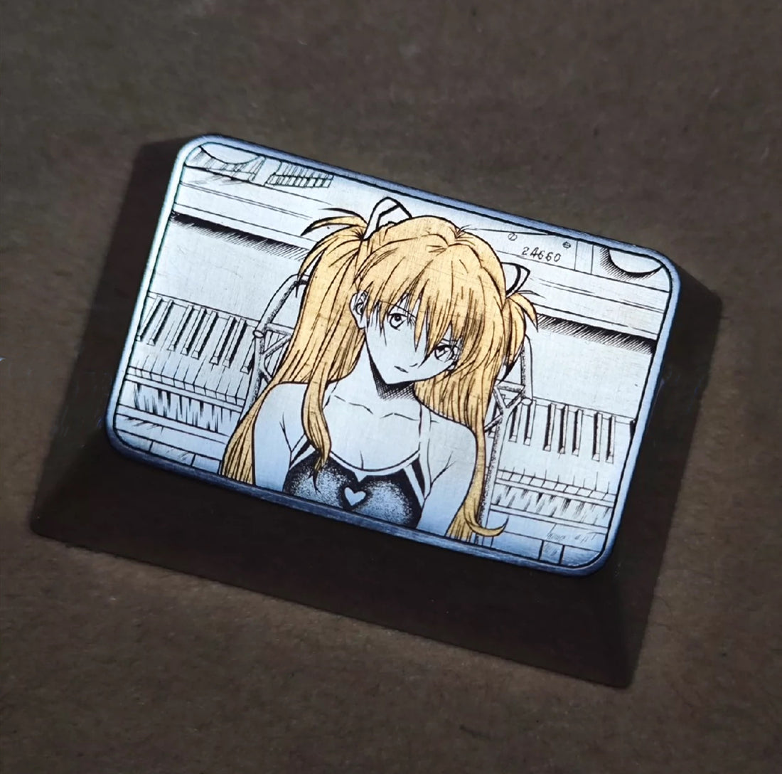 Asuka Langley Soryu, Hand carved titanium alloy with gold inlay. 1.5U, tab key. Mechanical keyboard keycaps.