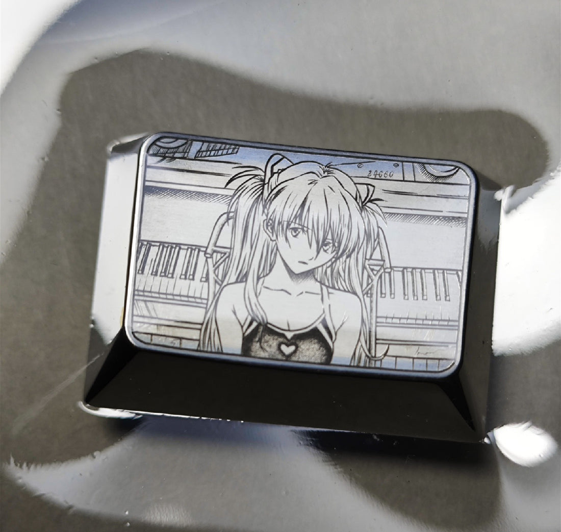 Asuka Langley Soryu, Hand carved titanium alloy with gold inlay. 1.5U, tab key. Mechanical keyboard keycaps.