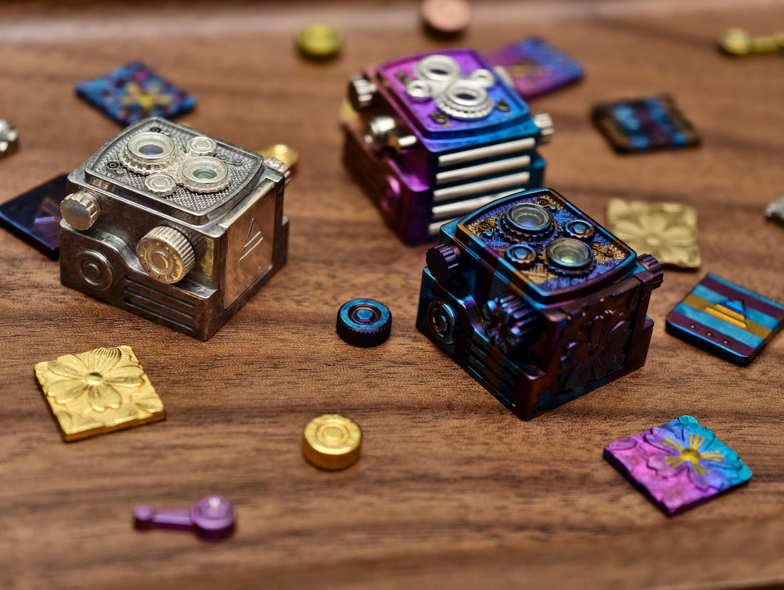 Vintage camera personalized keycap, titanium alloy Titanium Damascus, Metal decorative keycaps, customized keycaps for mechanical keyboards