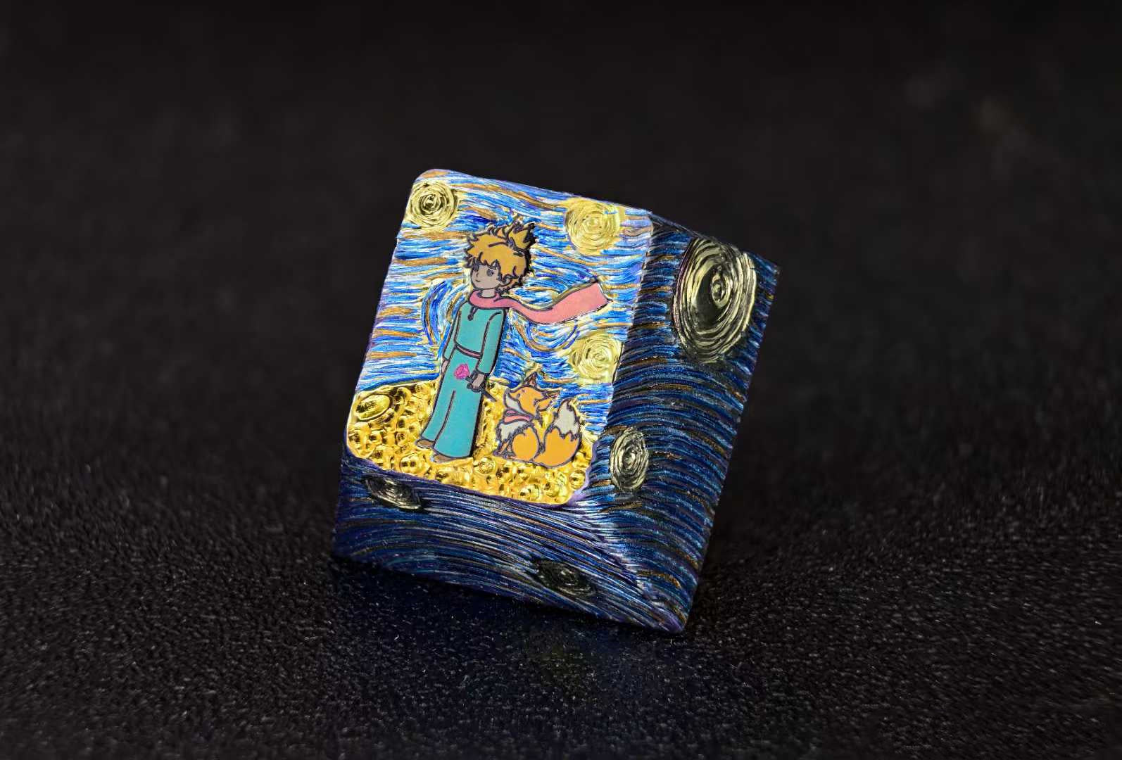 Le Petit Prince， Hand tapping patterned titanium alloy personalized keycaps, 1U metal personalized art keycaps.