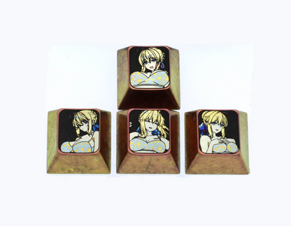 Altria Pendragon， saber , 1U color titanium alloy keycap set for directional keys, personalized keycaps for anime and game characters, metal art keycaps