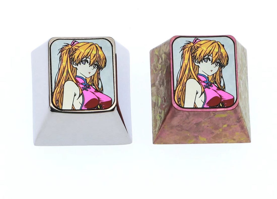 EVA， cheongsam Asuka, 1U titanium alloy personalized keycap, metal carved colorful titanium alloy artistic keycap for anime and game characters.