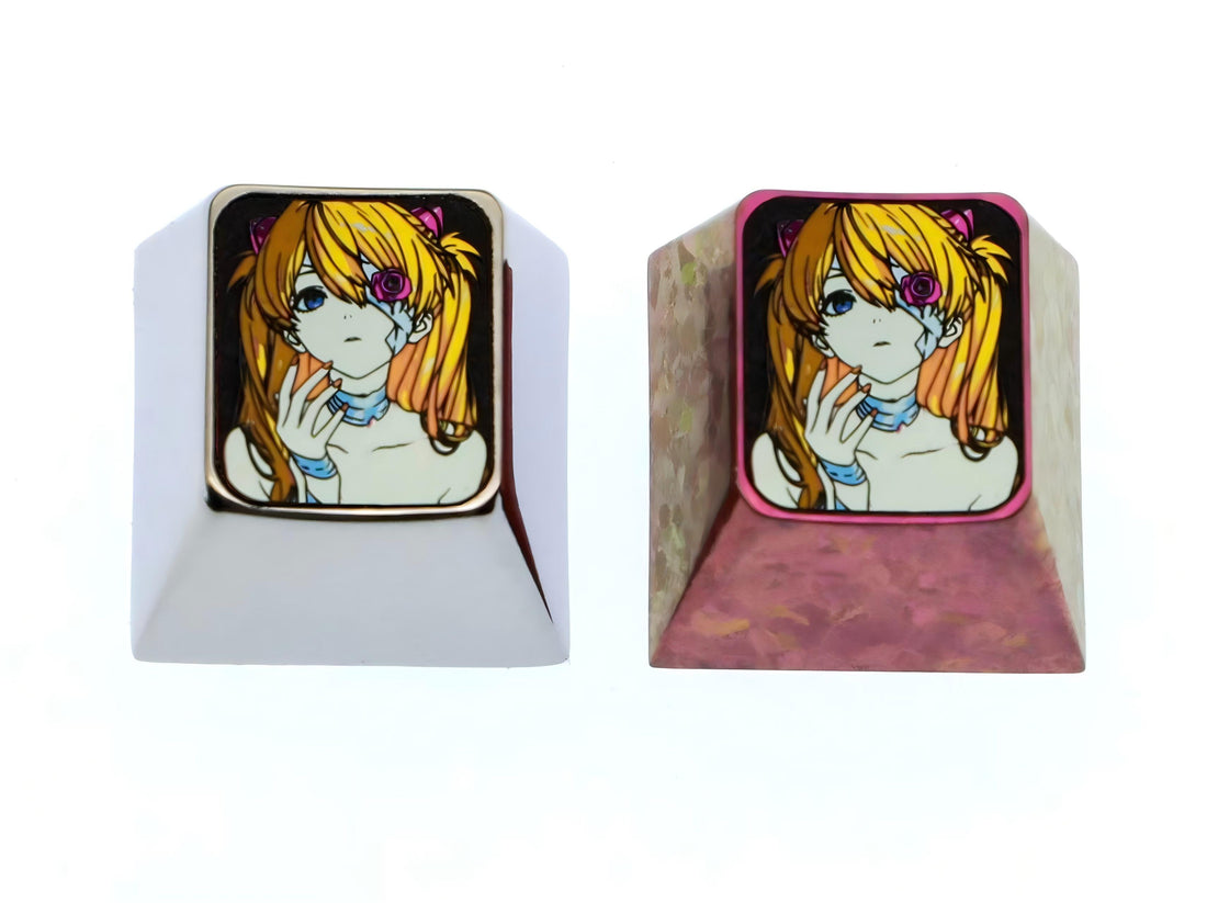 EVA， One eyed rose Asuka, 1U titanium alloy personalized keycap, metal carved colorful titanium alloy artistic keycap for anime and game characters.