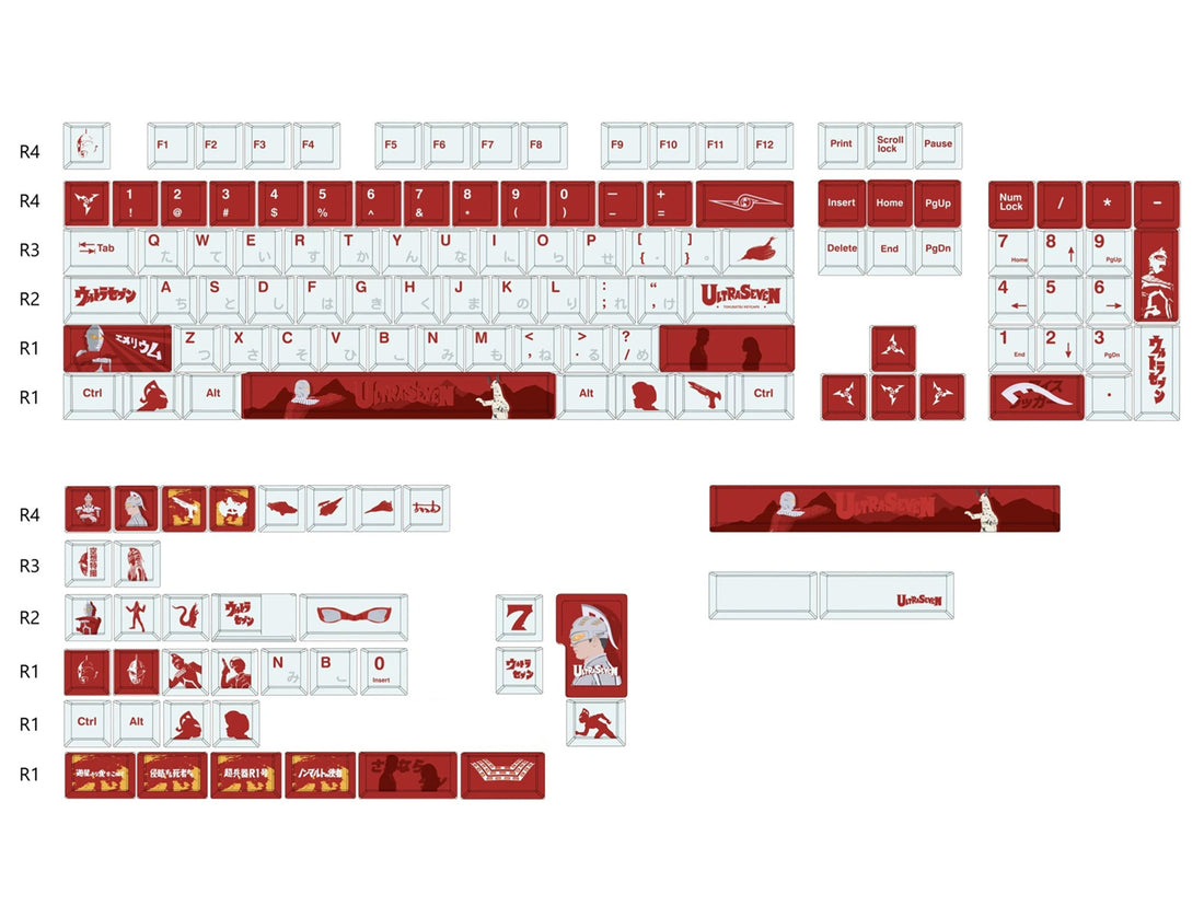 UltraSeven theme, PBT material, sublimation， Anime games Personalized keycap set, original factory height mechanical keyboard decorative keycap set，anime keycap set suitable for 61/64/68/75/84/87/104 Key Mechanical Keyboard