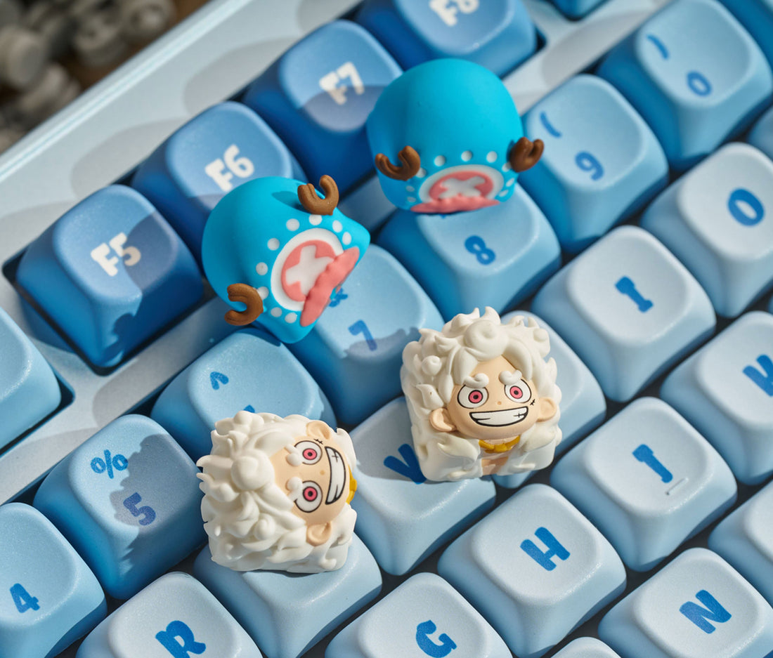 One Piece, Nika Luffy, Tony Tony Chopper hats, multi colored resin molded personalized keycaps, artisankeycaps artistic handmade keycaps.