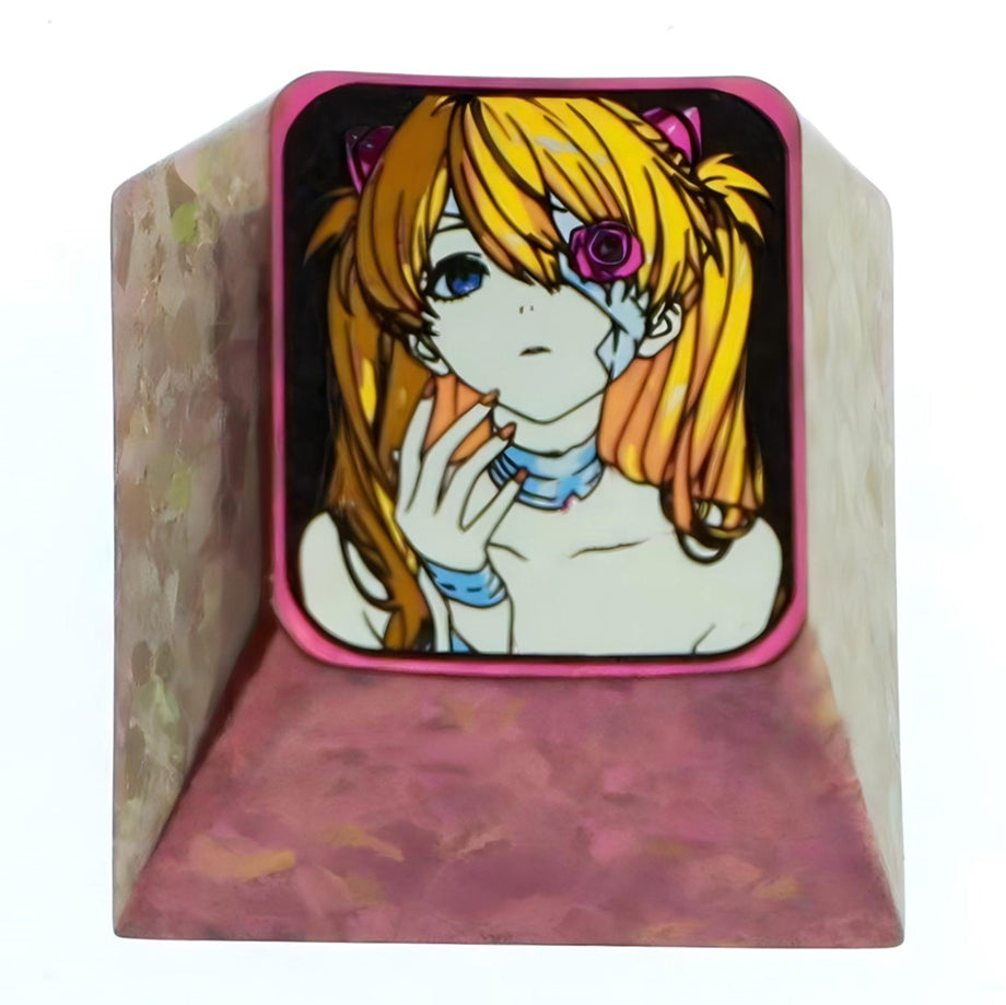 EVA， One eyed rose Asuka, 1U titanium alloy personalized keycap, metal carved colorful titanium alloy artistic keycap for anime and game characters.