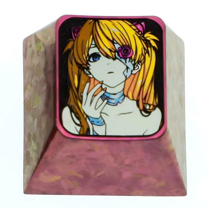 EVA， One eyed rose Asuka, 1U titanium alloy personalized keycap, metal carved colorful titanium alloy artistic keycap for anime and game characters.