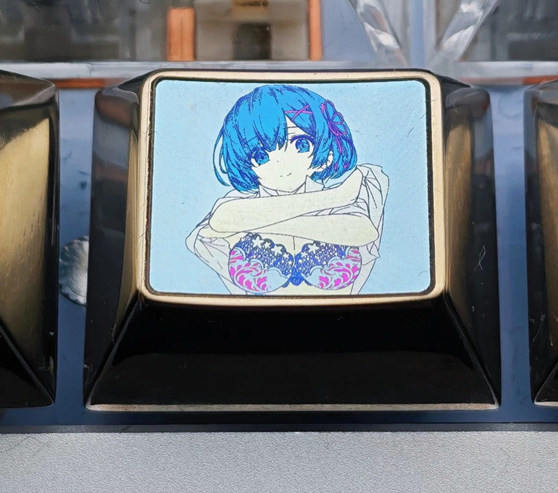 Re:Life in a different world from zero，Rem，1.25U Titanium alloy personalized keycaps, anime creative culture metal material keycaps, mechanical keyboard decorative keycaps