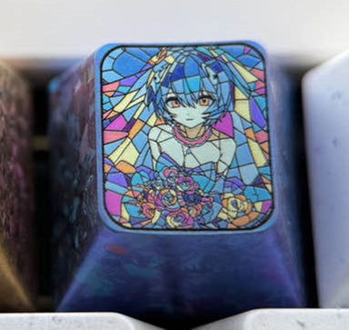 EVA， Glass floral effect, Asuka, Ayanami Rei, 1U titanium alloy personalized keycaps, anime art keycaps