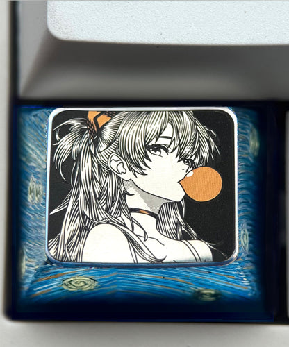 EVA，Asuka， Blowing bubble gum shape, 1.5U titanium alloy personalized keycap, anime and game culture creative peripheral decorative keycap.