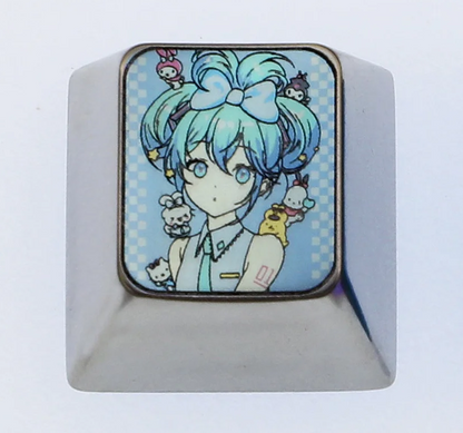 Hatsune Miku, 1U titanium alloy personalized keycaps, metal cartoon character keycaps, keyboard decorative keycaps.