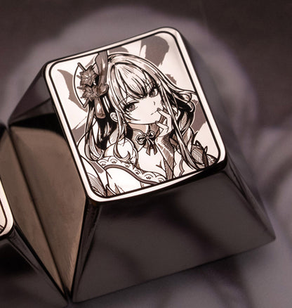 Genshin Impact, Raiden Shogun themed design, 1U titanium alloy personalized keycaps, anime, gaming, cultural innovation, mechanical keyboard, metal art decorative keycaps