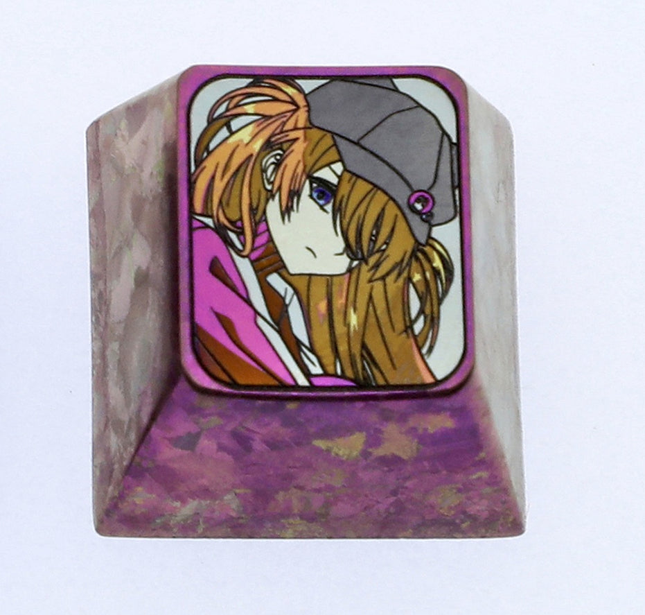 EVA, Asuka wearing a hat, 1U titanium alloy personalized keycap, metal decorative keycap for anime and game characters