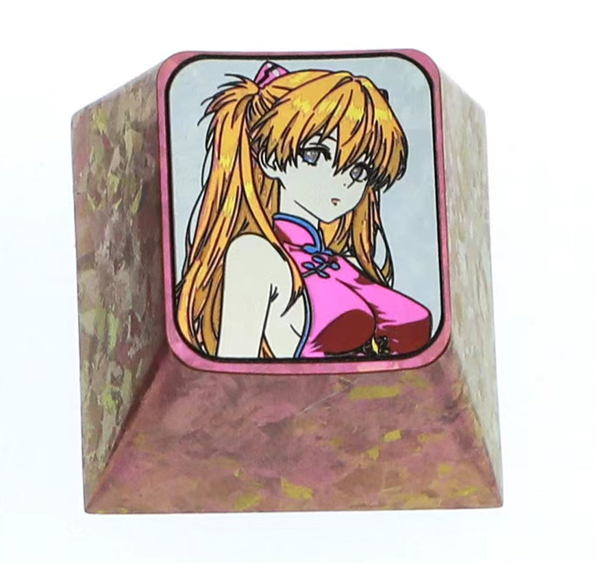 EVA， cheongsam Asuka, 1U titanium alloy personalized keycap, metal carved colorful titanium alloy artistic keycap for anime and game characters.