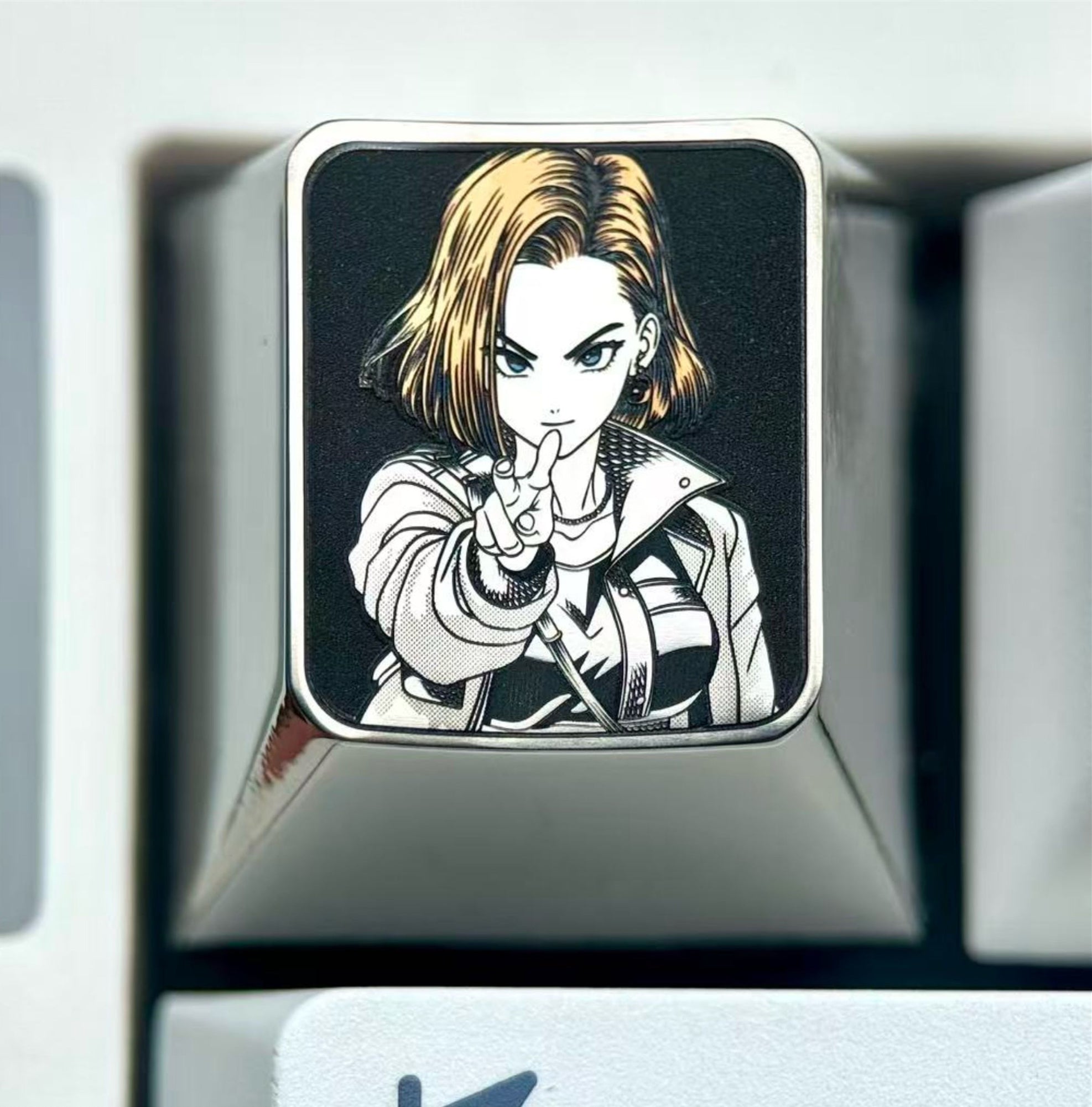 Dragon Ball, Android 18， Titanium alloy 1U personalized keycaps, anime, gaming, cultural and creative metal carved keycaps
