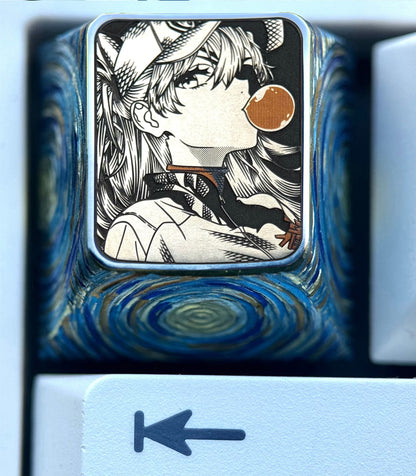 EVA，Asuka， Blowing bubble gum shape, 1U titanium alloy personalized keycap, anime and game culture creative peripheral decorative keycap.