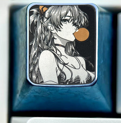 EVA，Asuka， Blowing bubble gum shape, 1U titanium alloy personalized keycap, anime and game culture creative peripheral decorative keycap.