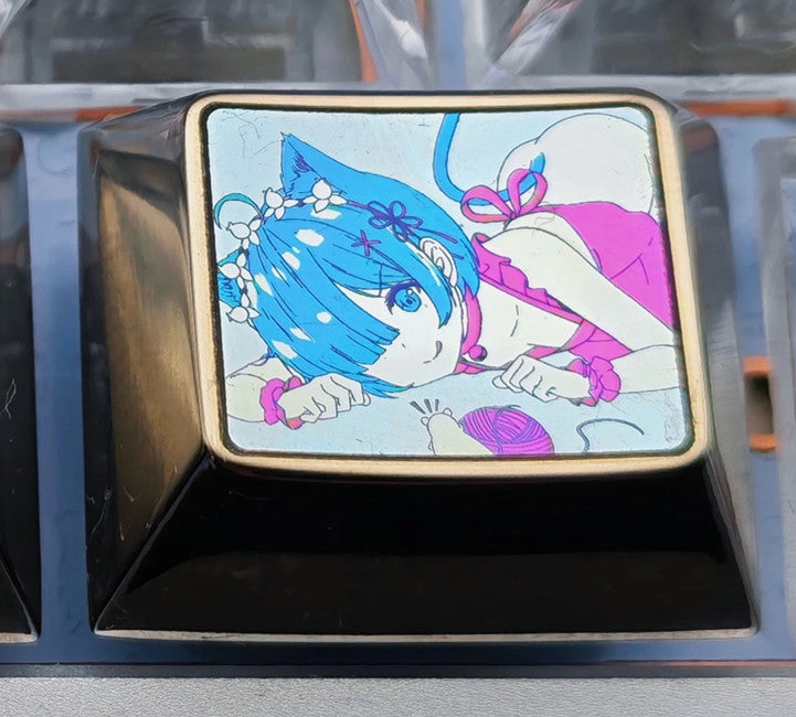 Re:Life in a different world from zero，Rem，1.25U Titanium alloy personalized keycaps, anime creative culture metal material keycaps, mechanical keyboard decorative keycaps