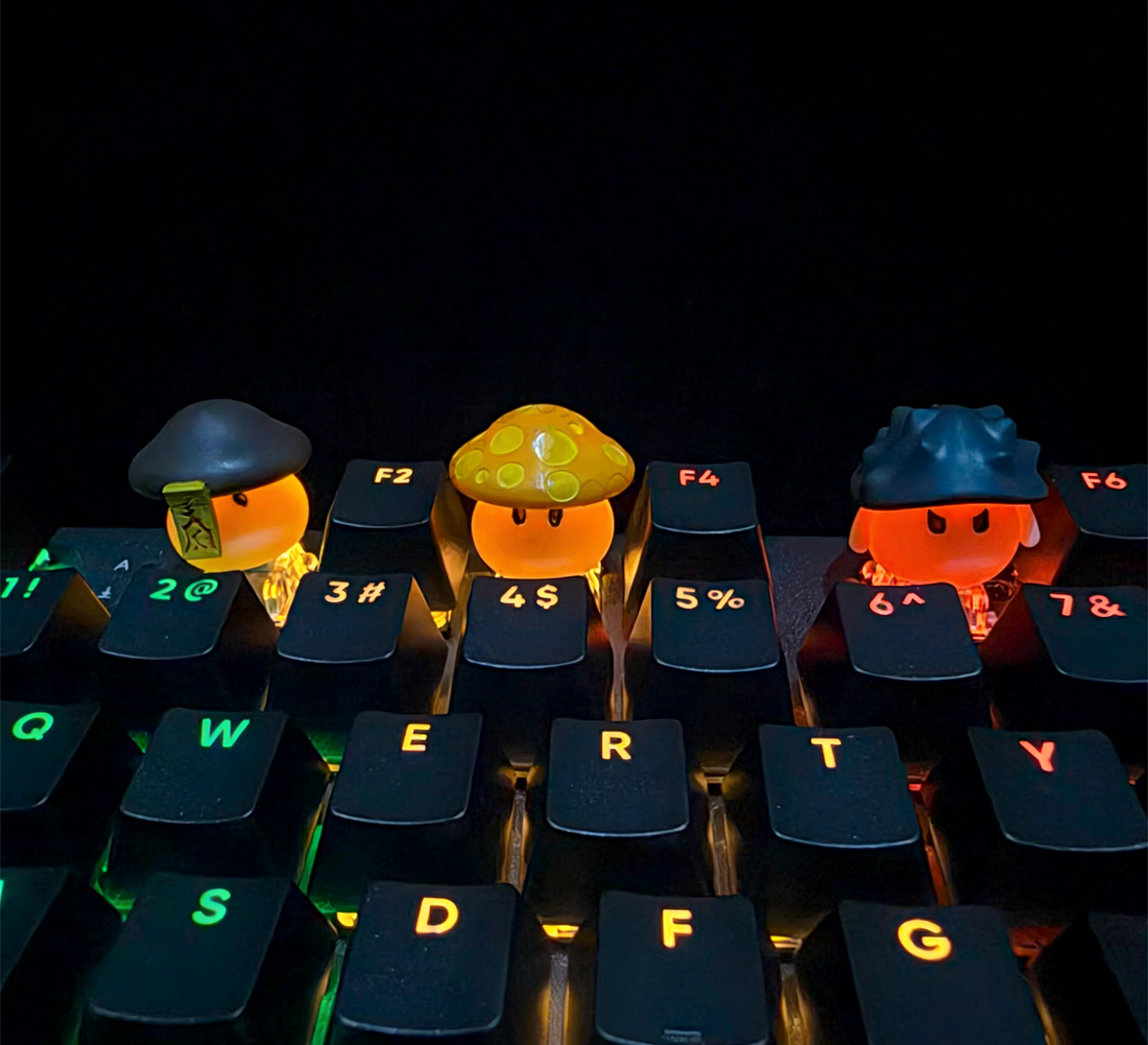 MapleStory， Mushroom Three Brothers, hand painted translucent personalized keycaps, decorative keycaps for anime, gaming, and cultural peripherals